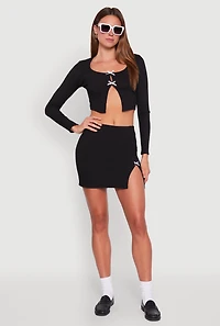 Womens Textured Knit Cropped Blouse with Slit Front, Black, Size S