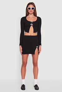Womens Textured Knit Cropped Blouse with Slit Front, Black, Size S