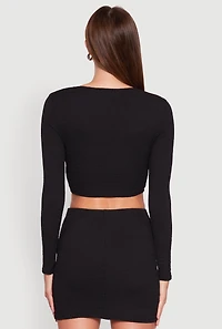 Womens Textured Knit Cropped Blouse with Slit Front, Black, Size S