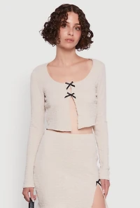 Textured Knit Bow Crop Top with Slit Front