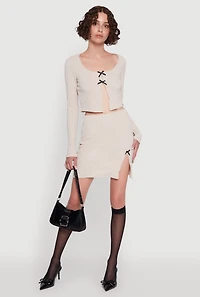 Womens Textured Knit Bow Crop Top with Slit Front, L