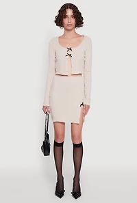 Womens Textured Knit Bow Crop Top with Slit Front, L