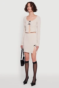 Womens Textured Knit Bow Crop Top with Slit Front, L