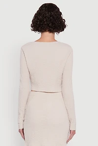 Womens Textured Knit Cropped Blouse with Slit Front,