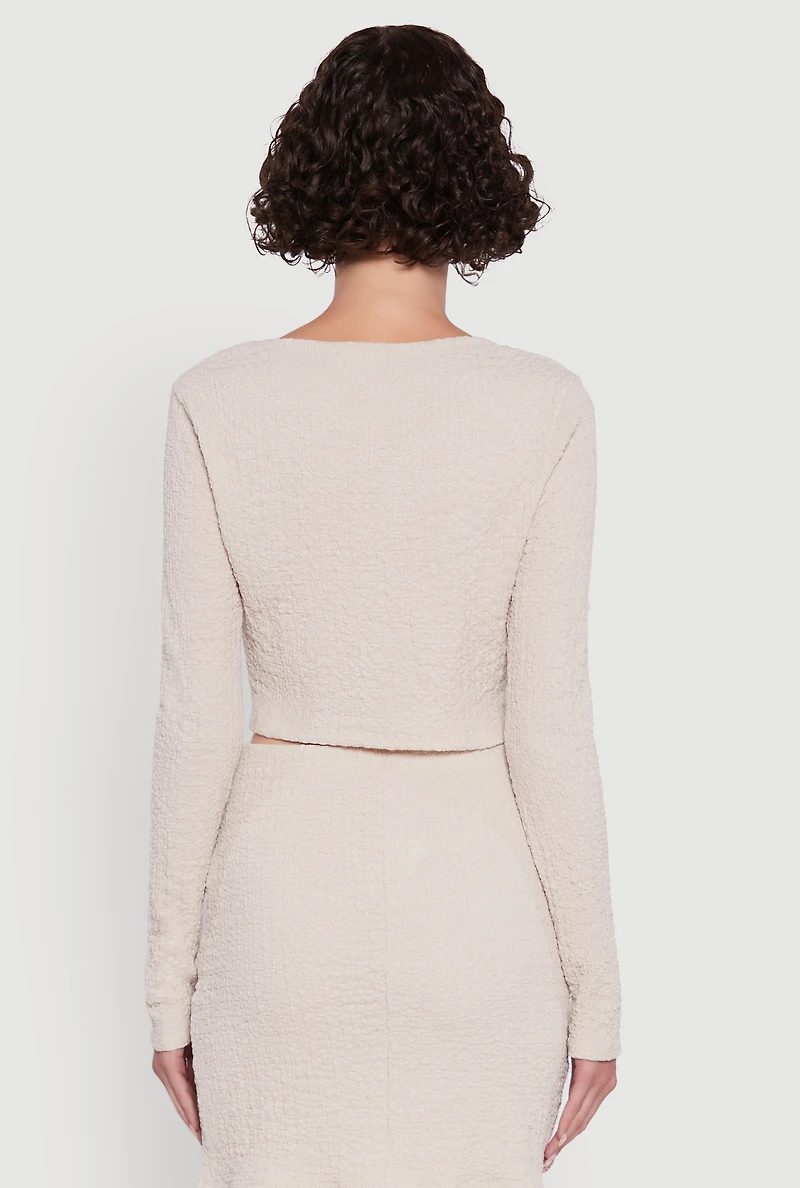 Womens Textured Knit Bow Crop Top with Slit Front,