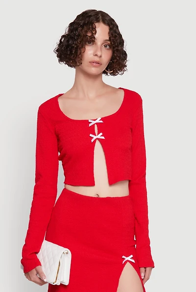 Womens Textured Knit Bow Crop Top with Slit Front,