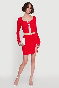 Womens Textured Knit Bow Crop Top with Slit Front, Red, Size S