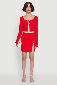 Womens Textured Knit Bow Crop Top with Slit Front, Red, Size S