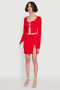 Womens Textured Knit Bow Crop Top with Slit Front, Red, Size S