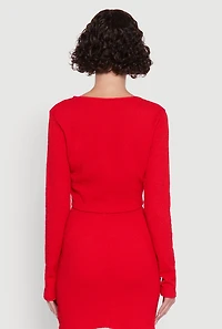 Womens Textured Knit Bow Crop Top with Slit Front, Red, Size S