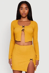 Textured Knit Bow Crop Top with Slit Front