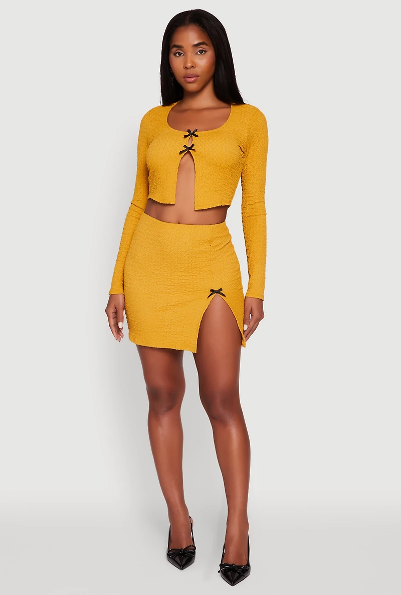 Womens Textured Knit Bow Crop Top with Slit Front, Yellow, Size L