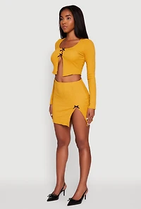 Womens Textured Knit Bow Crop Top with Slit Front, Yellow, Size L