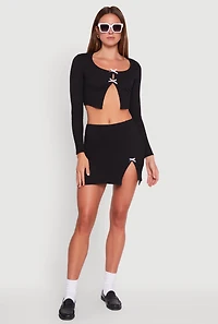 Textured Knit Bow Detail Side Slit Mini Skirt