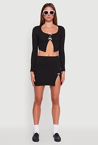 Womens Textured Knit Bow Detail Side Slit Mini Skirt, Black, Size XL