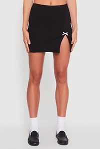 Womens Textured Knit Bow Detail Side Slit Mini Skirt, Black, Size XL