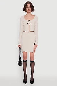 Womens Textured Knit Bow Detail Side Slit Mini Skirt, Khaki, Size XL