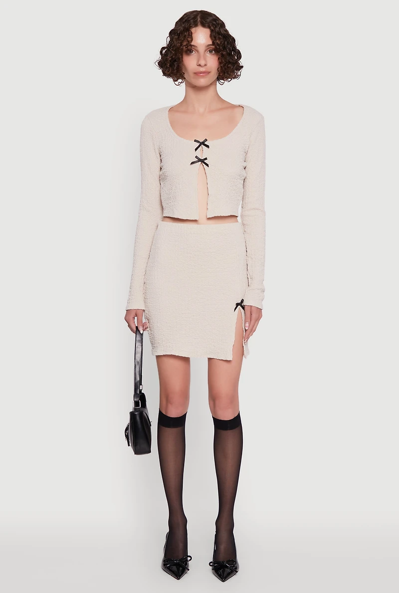 Womens Textured Knit Bow Detail Side Slit Mini Skirt, Khaki,