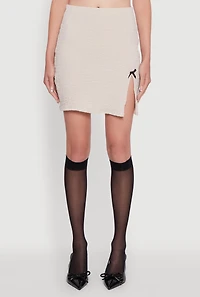 Womens Textured Knit Bow Detail Side Slit Mini Skirt, Khaki,