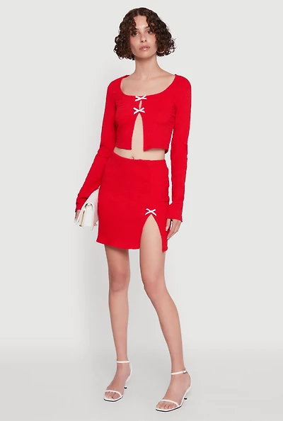 Womens Textured Knit Bow Detail Side Slit Mini Skirt, M