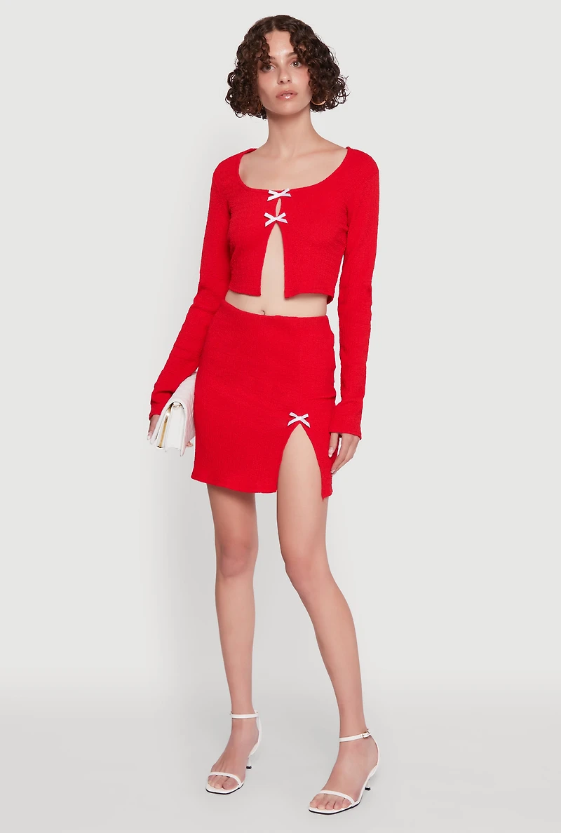 Womens Textured Knit Bow Detail Side Slit Mini Skirt,