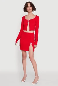 Womens Textured Knit Bow Detail Side Slit Mini Skirt,