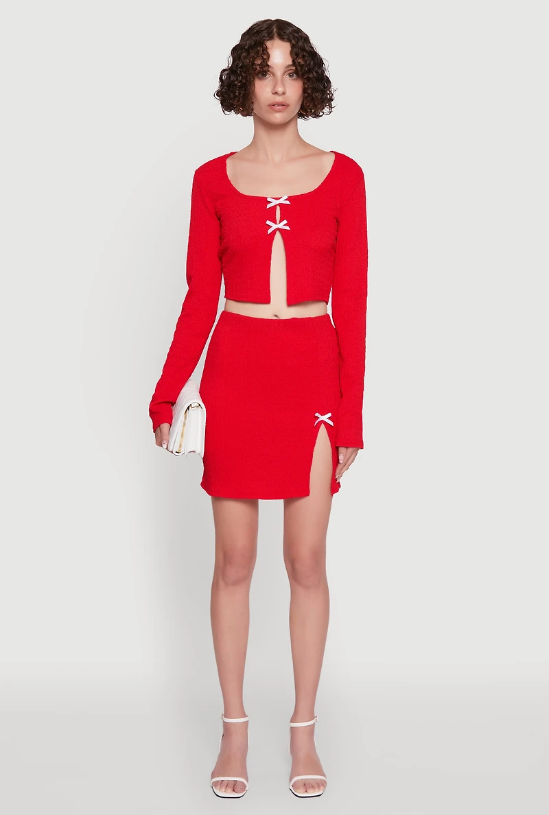 Womens Textured Knit Bow Detail Side Slit Mini Skirt,