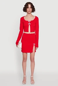 Womens Textured Knit Bow Detail Side Slit Mini Skirt,