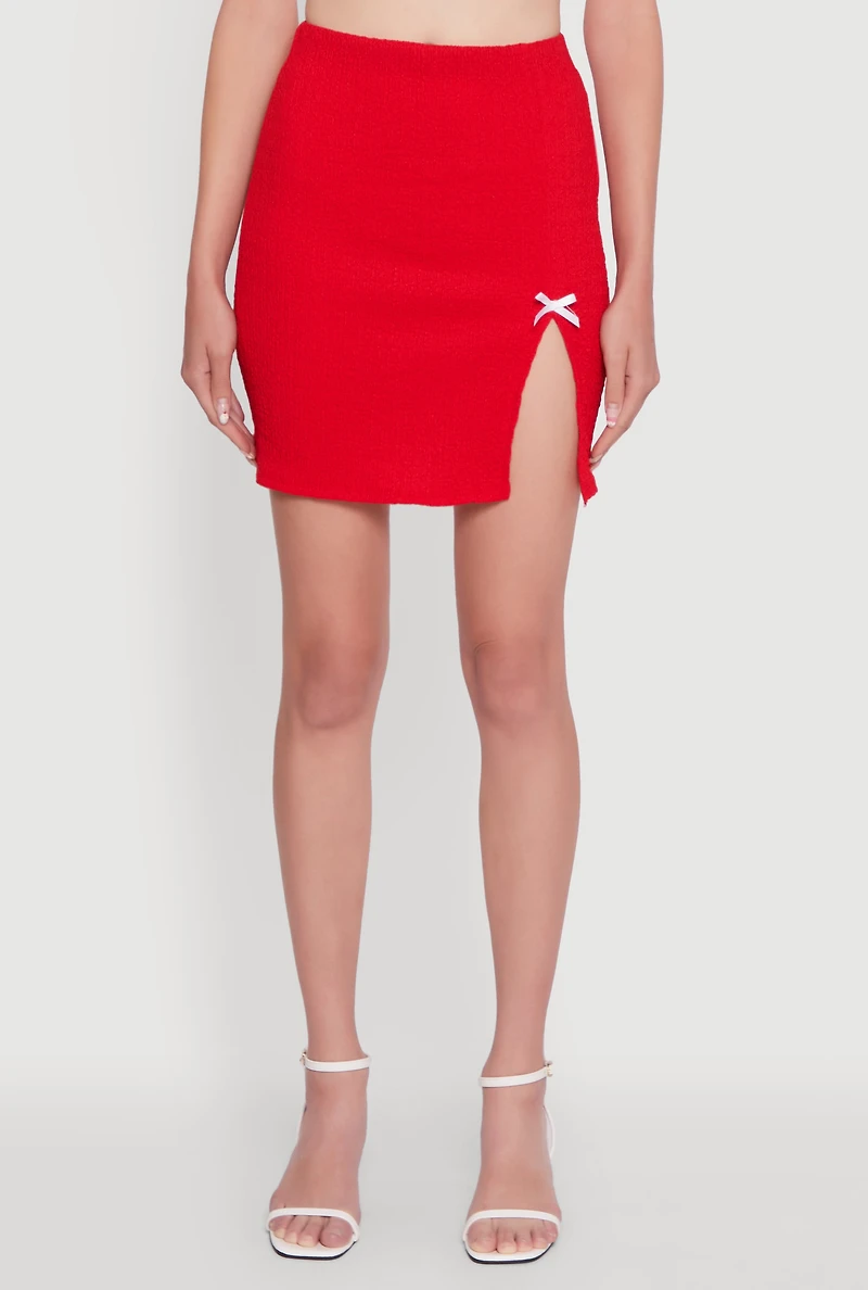 Womens Textured Knit Bow Detail Side Slit Mini Skirt,