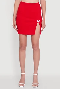 Womens Textured Knit Bow Detail Side Slit Mini Skirt,