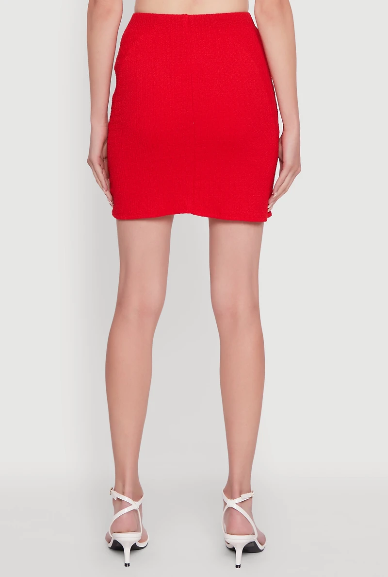 Womens Textured Knit Bow Detail Side Slit Mini Skirt,
