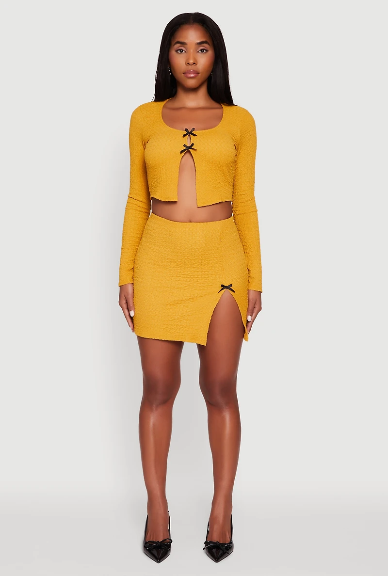 Womens Textured Knit Bow Detail Side Slit Mini Skirt, Yellow, Size M
