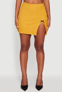 Womens Textured Knit Bow Detail Side Slit Mini Skirt, Yellow, Size M