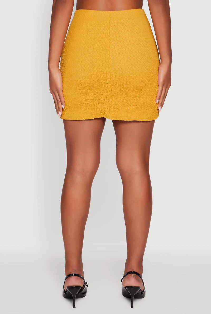 Womens Textured Knit Bow Detail Side Slit Mini Skirt, Yellow, Size M