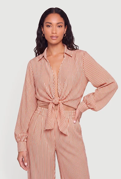 Striped Crepe Knit Tie Front Crop Blouse