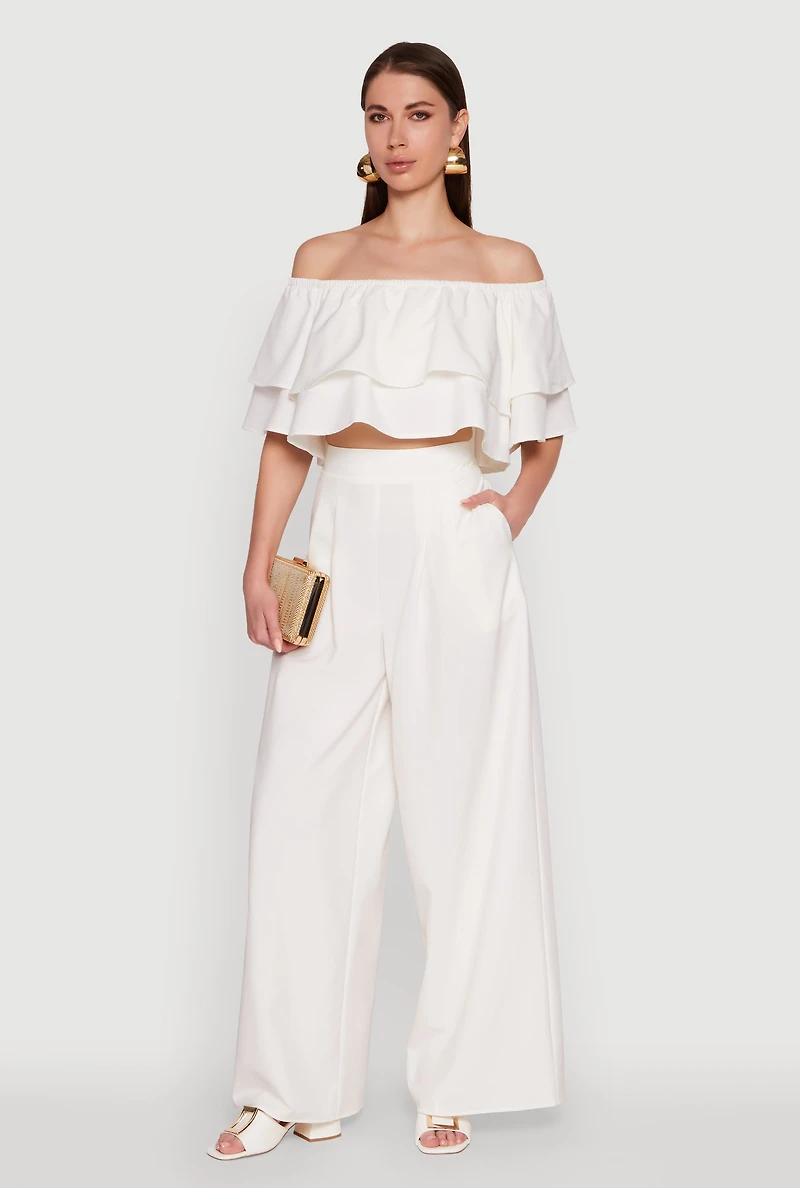 Womens Trendy High Waisted Wide Leg Dress Pants with Pleats, White, Size M