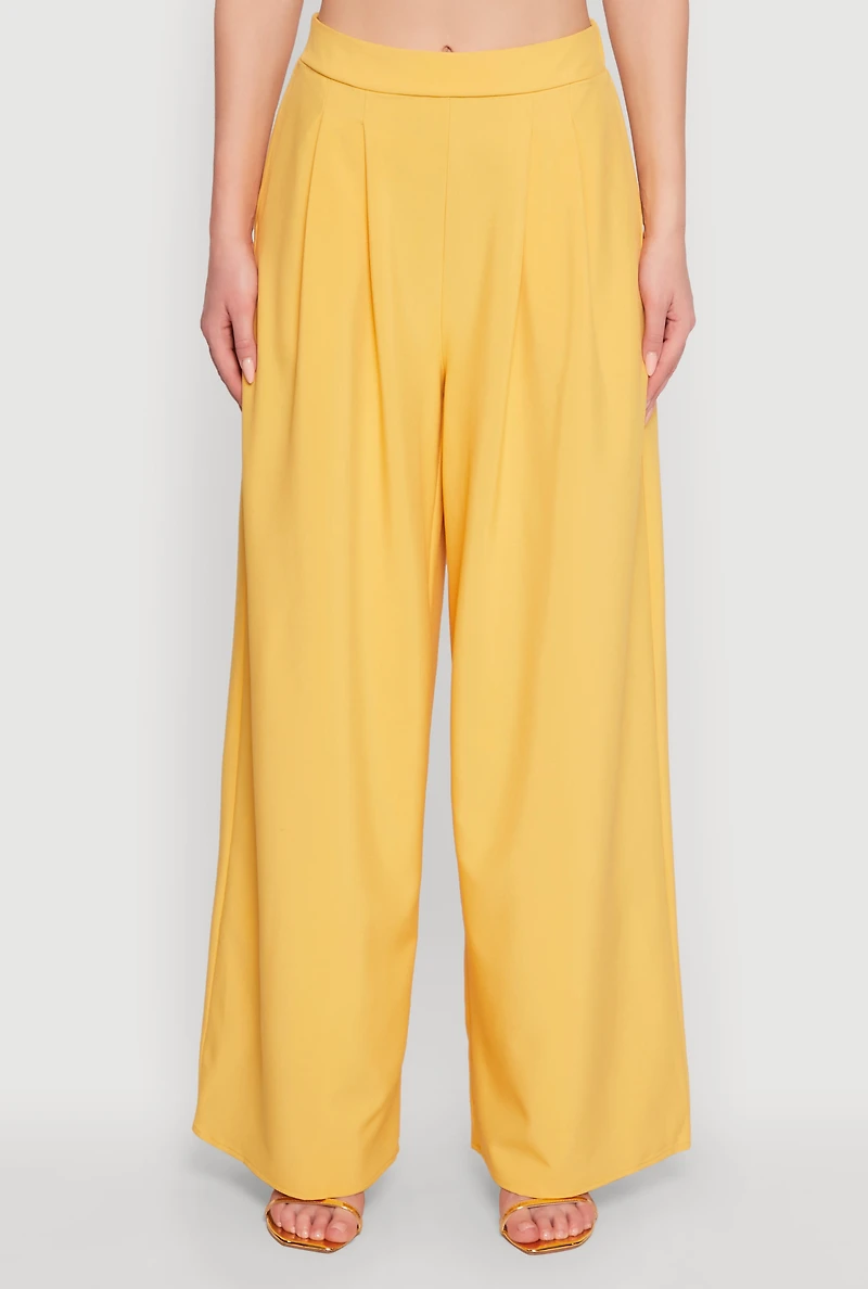 Womens Trendy High Waisted Wide Leg Dress Pants with Pleats, Yellow, Size M