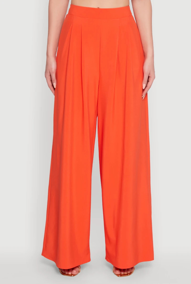 Womens Trendy High Waisted Wide Leg Dress Pants with Pleats, Orange, Size L