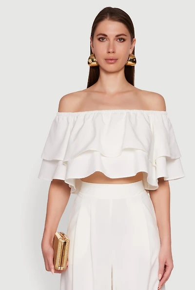 Tiered Off Shoulder Crop Top with Short Sleeves