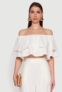 Tiered Off Shoulder Crop Top with Short Sleeves