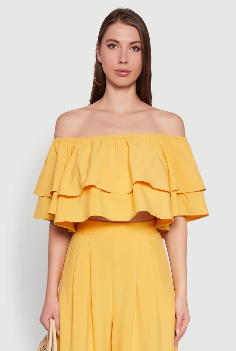 Tiered Off Shoulder Crop Top with Short Sleeves