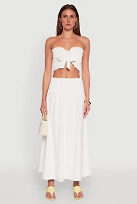 Womens Smocked High Waist Side Slit Skirt, White, Size XL
