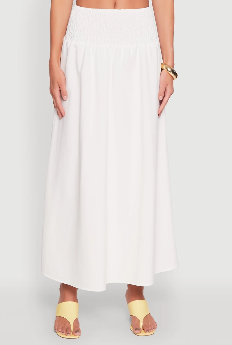 Womens Smocked High Waist Side Slit Skirt, White, Size L