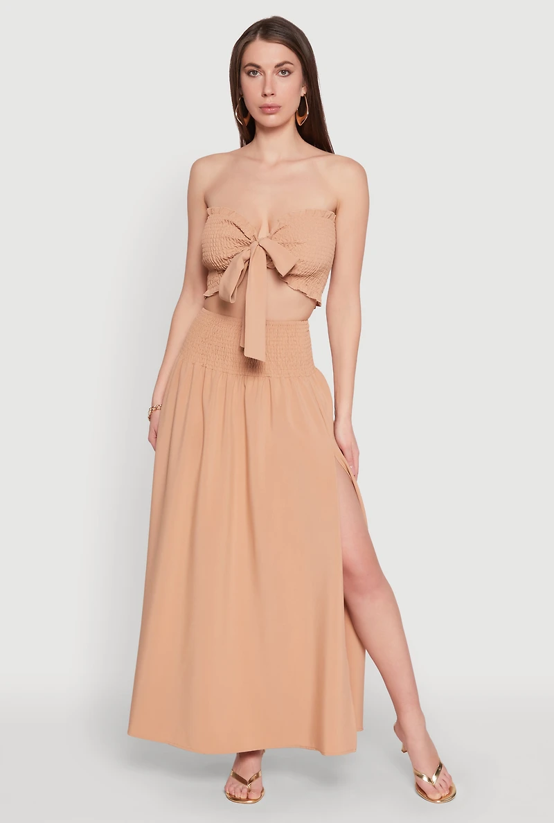 Smocked High Waist Side Slit Skirt