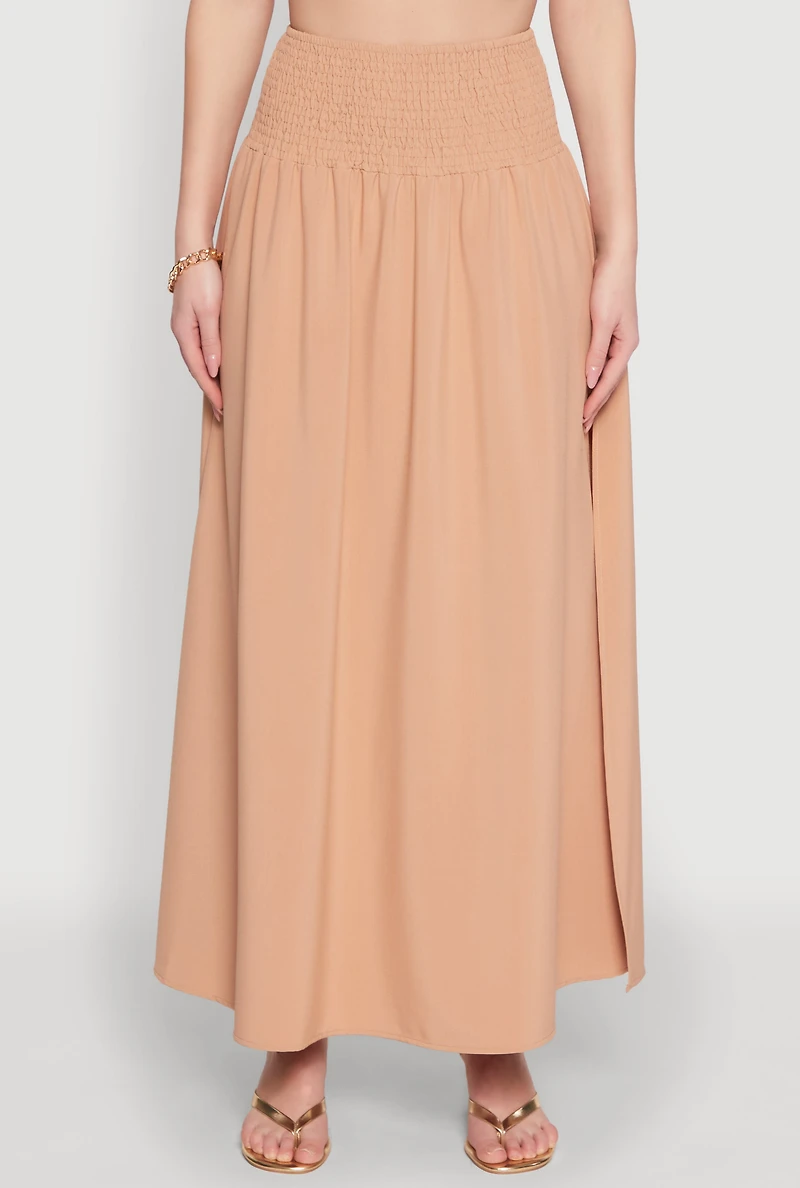 Womens Smocked High Waist Side Slit Skirt, Beige, Size L