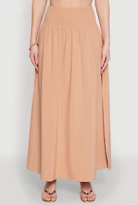Womens Smocked High Waist Side Slit Skirt, Beige, Size L