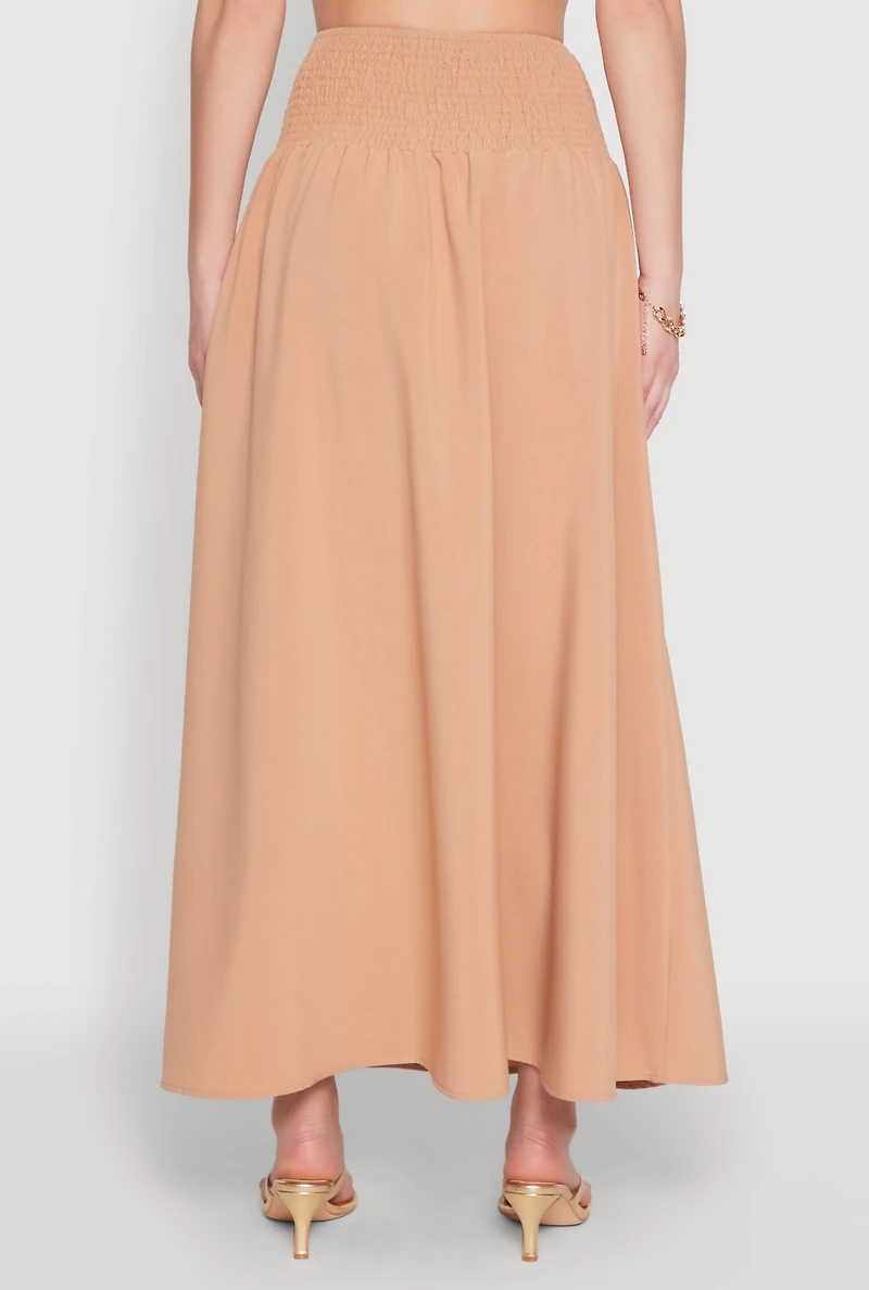 Womens Smocked High Waist Side Slit Skirt, Beige, Size L