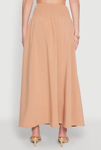 Womens Smocked High Waist Side Slit Skirt, Beige, Size L