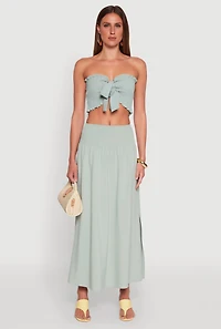 Womens Smocked High Waist Side Slit Skirt, L