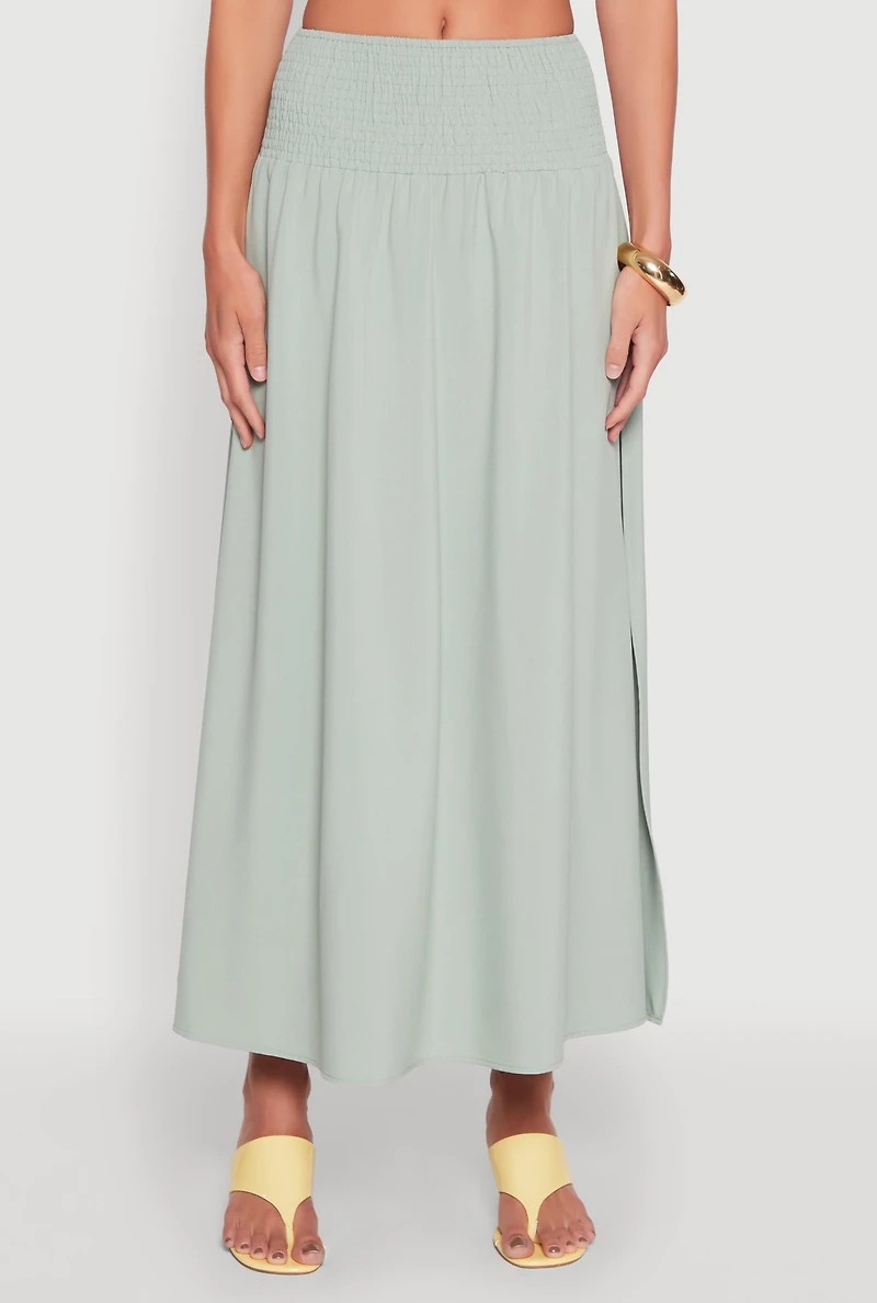 Womens Smocked High Waist Side Slit Skirt, L